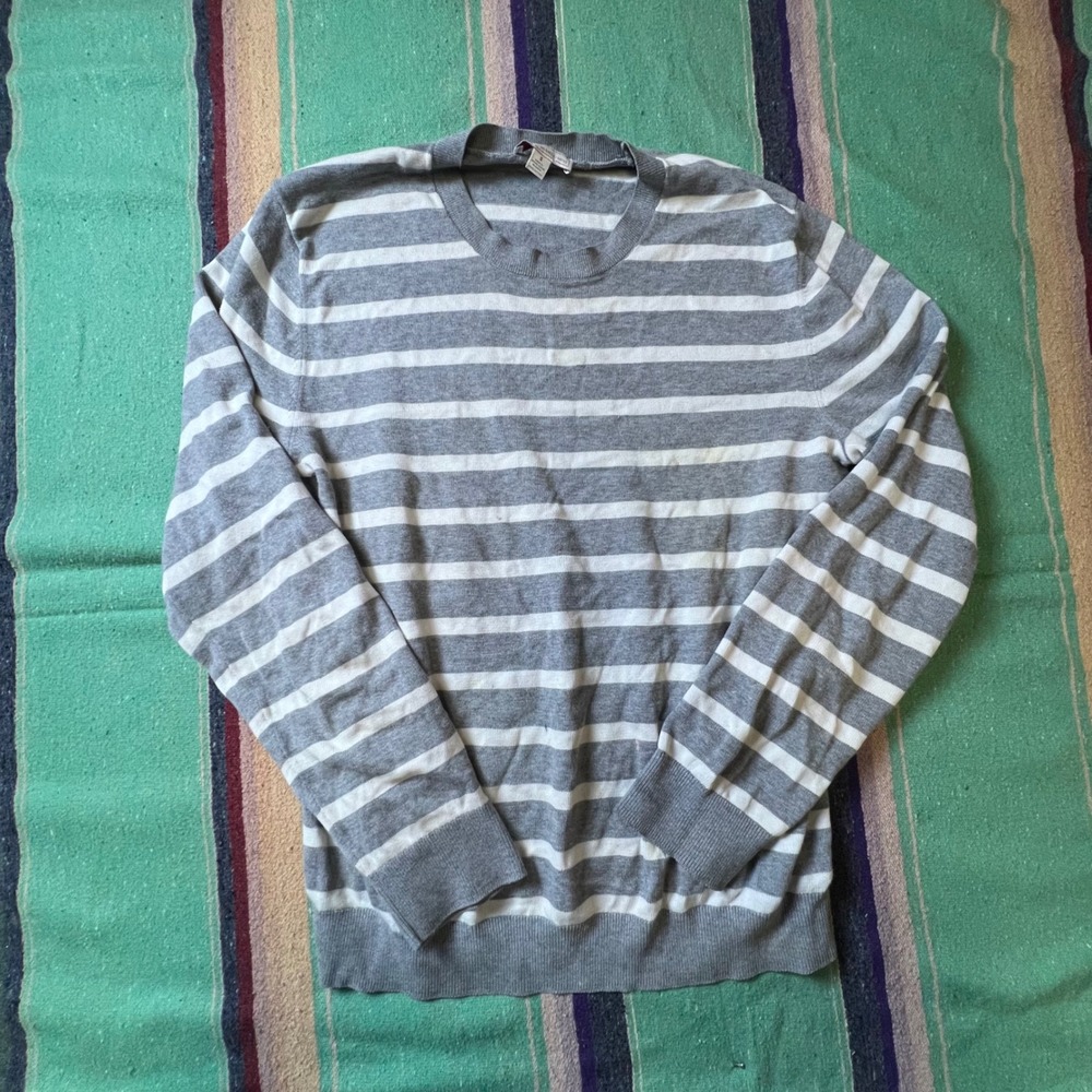 Gap Sweater Mens Small Gray White Striped Cotton Crewneck Long Sleeve Pullover